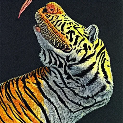 Image similar to a hybrid animal half crocodile and half tiger painting by moebius