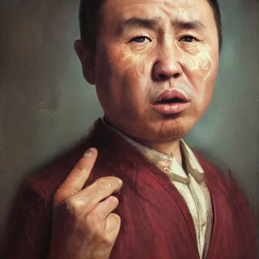 Image similar to photorealistic face portrait of chinese uyghur muslim prisoner and melting wax, wearing victorian rags, elite, disfigured, drooling, moist, unnatural movement, they are unhappy, bizzaro, baroque, renaissance, by emedios varo and anato finnstark and fenghua zhong, hyperrealism, 8 k, 3 d, masterpiece, texture