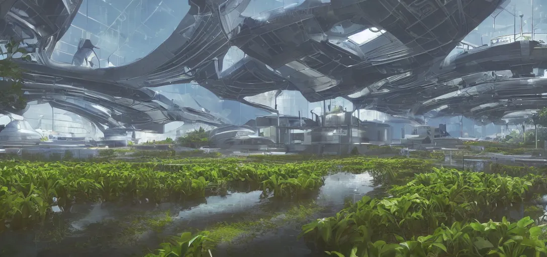 Prompt: a futuristic laboratory built into a farm, flooded fields of water as far as the eye can see, overwatch style, anime inspired, 2d art concept, beautiful render, peaceful, early morning