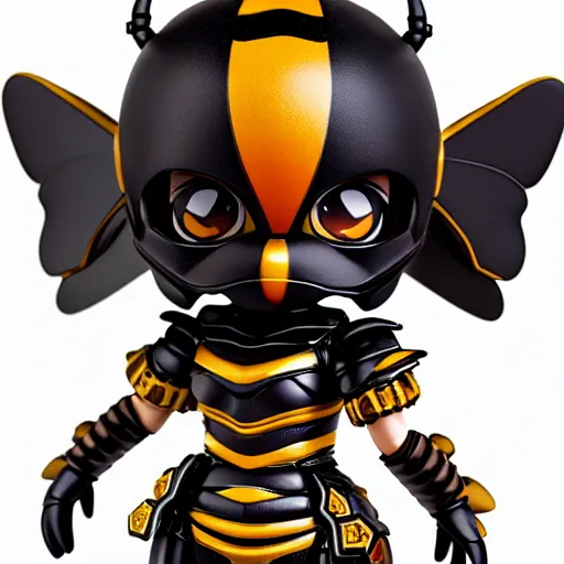 Image similar to photograph of cute bee nendoroid with themed armor with crimson - black metal bee wings, portrait, hyperdetailed, artstation, cgsociety, 8 k, by tangerine dream