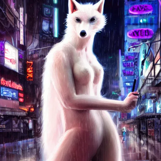 Prompt: white anthropomorphic female vulpes vulpes fulva, long snout, fluffy tail, smoking a cigarette in the rain, in crowded and wet street of a city, cyberpunk, harsh neon lights, highly detailed, digital painting, trending on artstation, concept art, sharp focus, illustration, art by artgerm and greg rutkowski and magali villeneuve