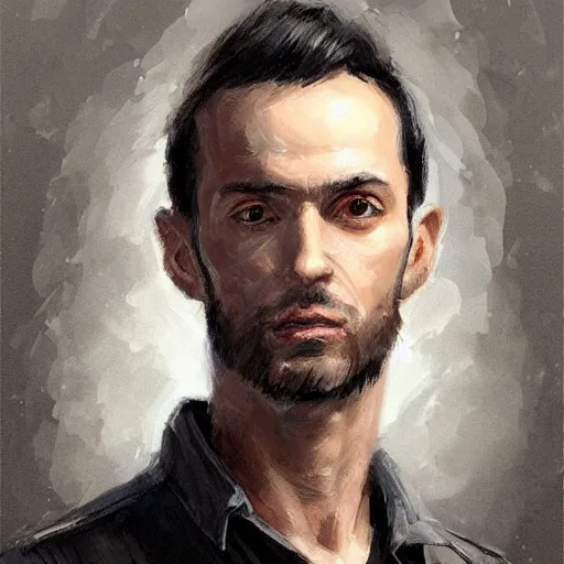 Image similar to portrait of a man by greg rutkowski, he is about 3 0 years old, short black hair with bangs, his features are a mix between french, turkish and russian, very tall and slender, he is wearing a beige and black utility jumpsuit, highly detailed portrait, digital painting, artstation, concept art, smooth, sharp foccus ilustration, artstation hq