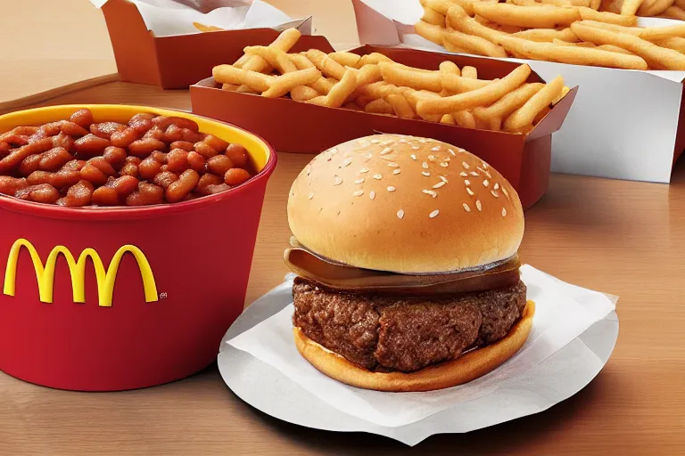 Image similar to mcdonalds baked beans burger, commercial photograph