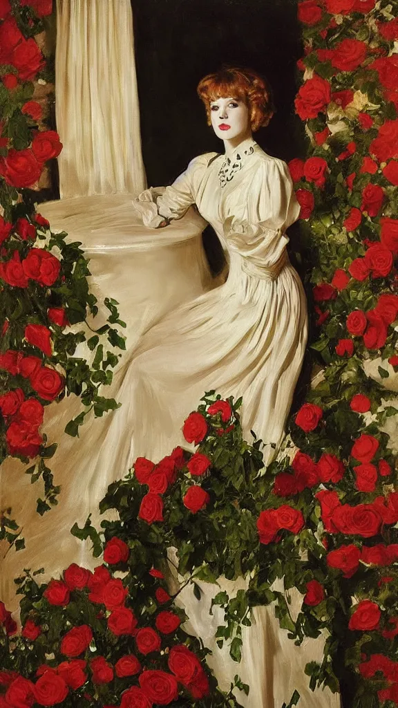 Image similar to portrait of young julee cruise in detailed golden sleeve balloon dress beside a pot of red roses, a persian blue detailed curtain in back painted by john singer sargent