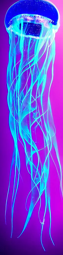 Image similar to a deep sea translucent bioluminescent jellyfish glowing indigo, hyperrealistic, extremely detailed, underwater photography