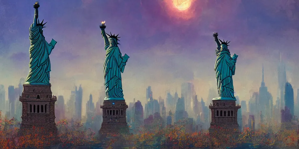 Prompt: a fantasy solarpunk statue of liberty and new york city, landscape illustration by greg rutkowski, bright sunlight, sun glints, vivid and colorful trees and plants and flowers, digital art, 8 k, trending on artstation