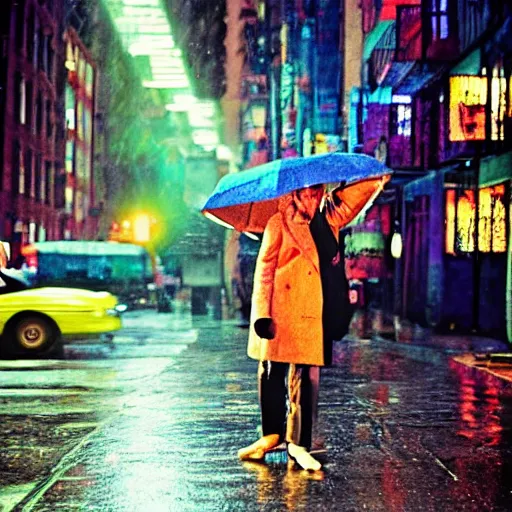 Image similar to night flash portrait photography of eliot offen on the lower east side by annie leibovitz, colorful!!, nighttime!, raining!