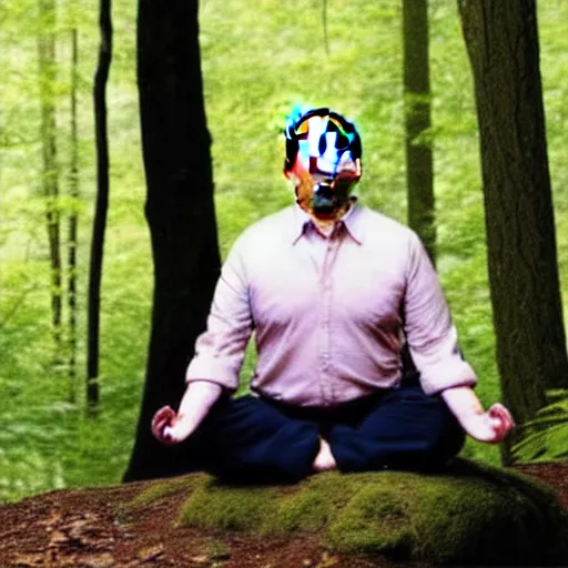 Image similar to chubby Steve Carell meditate in the Forest