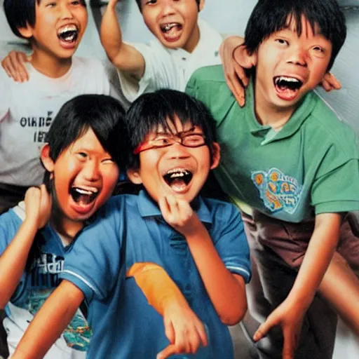 Prompt: a 1 9 9 0 s singaporean public education poster with students laughing at the camera