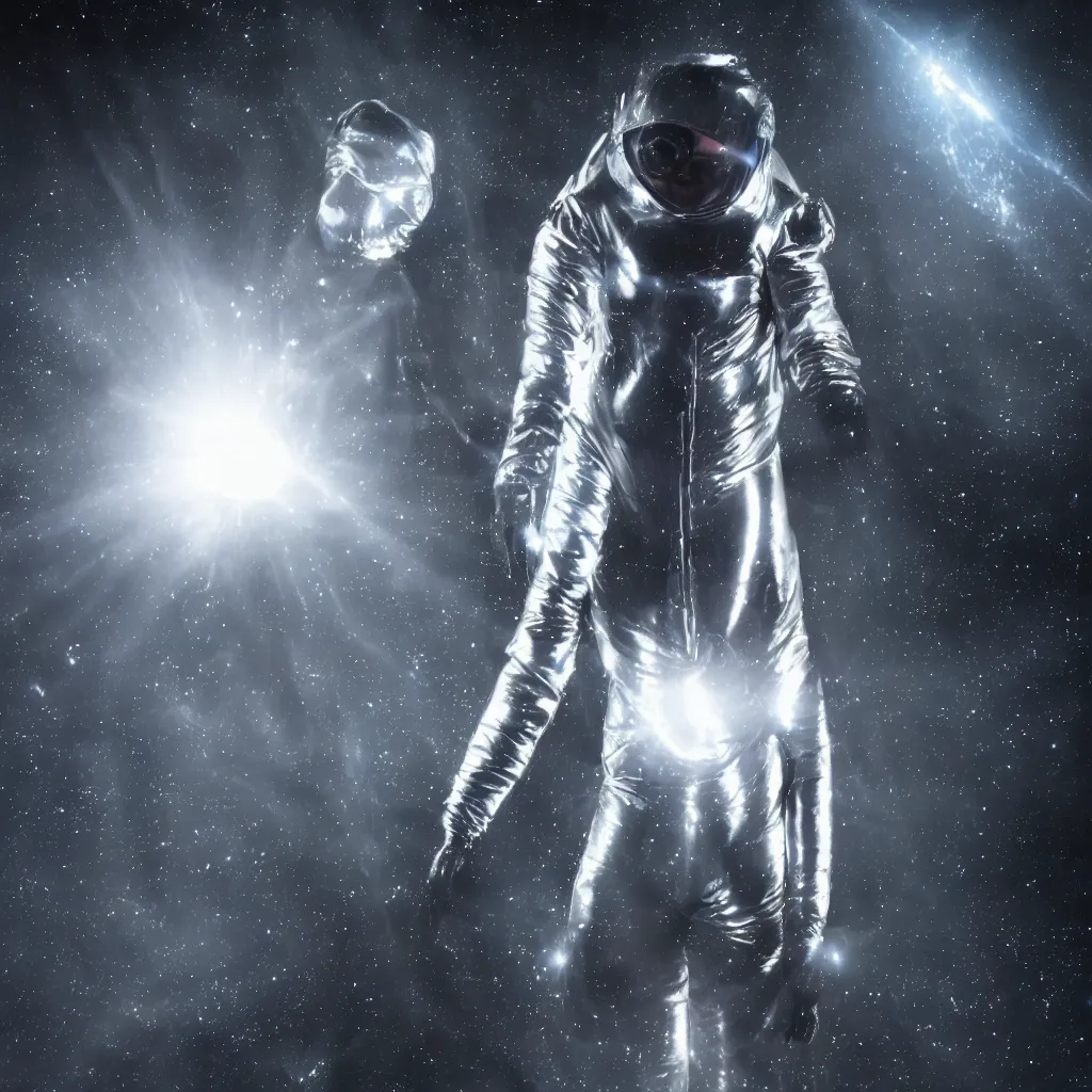 Image similar to 1 9 8 0 s sci - fi portrait photo, an elderly woman wearing a dramatic silver foil and rubber hose spacesuit costume standing on a dark and mysterious alien planet, atmospheric fog, light beams, 4 k