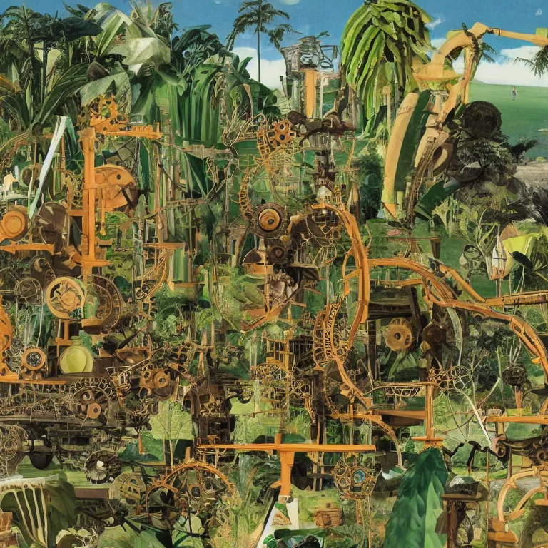 Image similar to a network of steampunk machinery in tropical nature, painted by Neo Rauch, 1970 magazine cut out collage