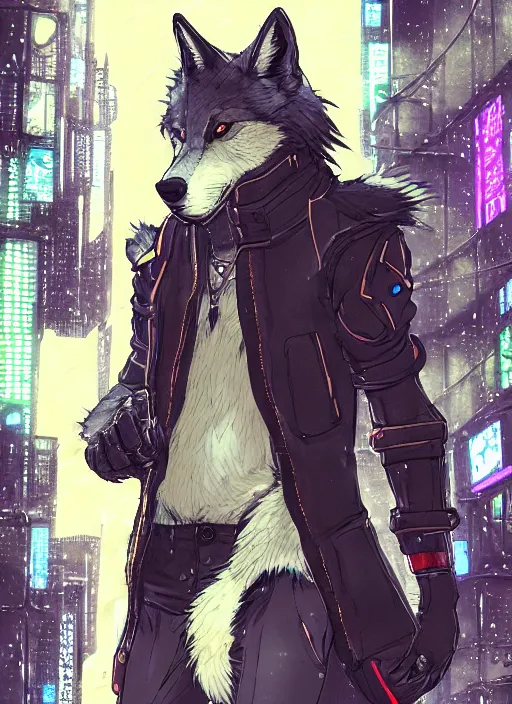 Image similar to character portrait of a male anthro wolf fursona with a tail and a cute beautiful attractive furry face wearing stylish cyberpunk clothes in a cyberpunk city at night while it rains. hidari, color page, tankoban, 4K, tone mapping, Akihiko Yoshida.