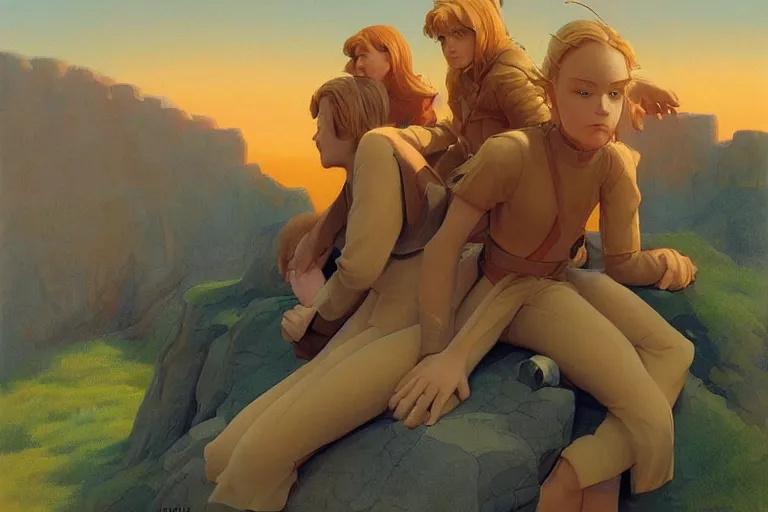 Prompt: beautiful painting of friends, beautiful faces, sitting on the edge, cute, soft light, digital painting by ralph mcquarrie and franklin booth