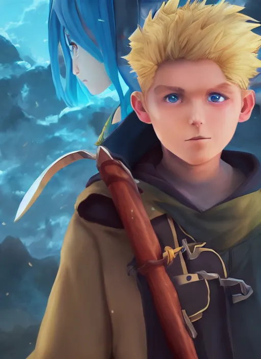 Image similar to An epic fantasy pokemon anime style portrait painting of a young blonde boy thief, unreal 5, DAZ, hyperrealistic, octane render, cosplay, RPG portrait, dynamic lighting