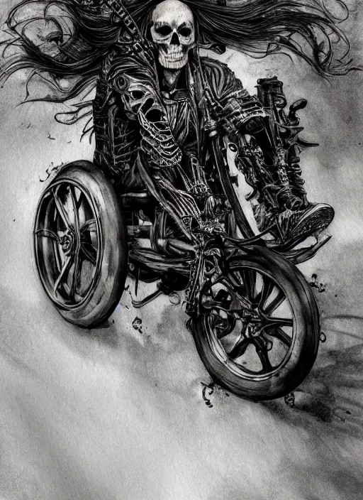 Image similar to portrait, Long haired biker skeleton in a wheelchair, has tattoos, watercolor, dramatic lighting, cinematic, establishing shot, extremely high detail, foto realistic, cinematic lighting, pen and ink, intricate line drawings, by Yoshitaka Amano, Ruan Jia, Kentaro Miura, Artgerm, post processed, concept art, artstation, matte painting, style by eddie mendoza, raphael lacoste, alex ross