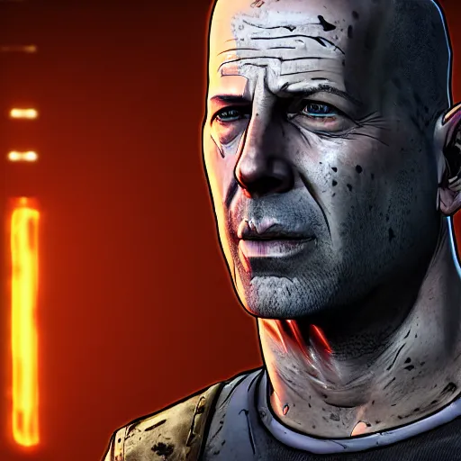 Image similar to bruce willis portrait, borderlands, tales from the borderlands, the wolf among us, comic, cinematic lighting, studio quality, 8 k