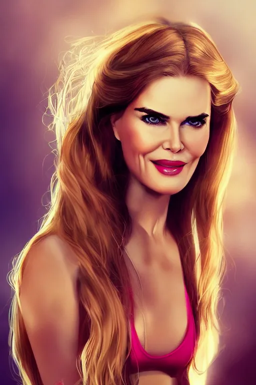 Image similar to mix of beautiful young maria shriver, mariel hemmingway, brooke shields, nicole kidman and elle macpherson as a snake girl with fangs, thin lips, hair tied up in a pony tail, dark blonde hair, colorful, artstation, cgsociety