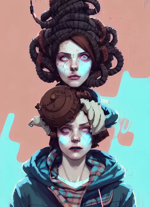 Image similar to highly detailed portrait of a sewer punk lady, blue eyes, tartan hoody, ringlet hair by atey ghailan, by greg rutkowski, by greg tocchini, by james gilleard, by joe fenton, by kaethe butcher, gradient pink, brown, light blue and white color scheme, grunge aesthetic!!! ( ( graffiti tag wall background ) )