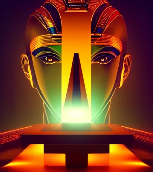 Image similar to symmetry!! egyptian god of technology, solid cube of light, hard edges, product render retro - futuristic poster scifi, lasers and neon circuits, brown skin handsome egyptian god, intricate, elegant, highly detailed, digital painting, artstation, concept art, smooth, sharp focus, illustration, dreamlike, art by artgerm