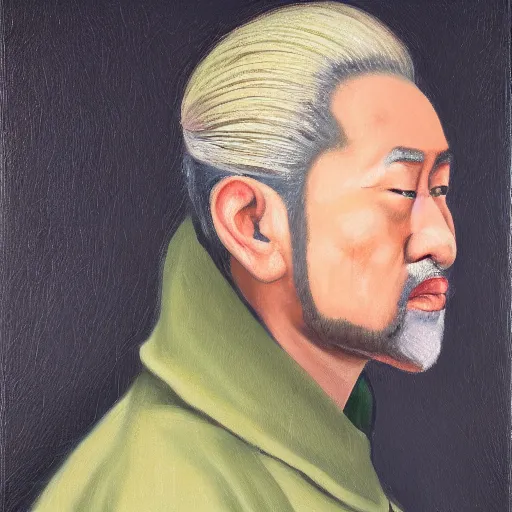 Prompt: portrait of an asian man with a blonde hair, a ponytail and a goatee. wearing a beige raincoat over a green neck sweater. oil painting, warm colors.