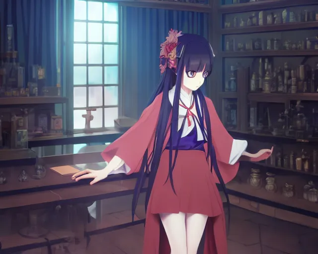Prompt: anime visual, portrait of a young female priestess in a alchemist's potion shop interior, cute face by katsura masakazu and yoh yoshinari,, cinematic luts, genshin impact, dynamic pose, dynamic perspective, strong silhouette, anime cels, ilya kuvshinov, cel shaded, crisp and sharp, rounded eyes, moody