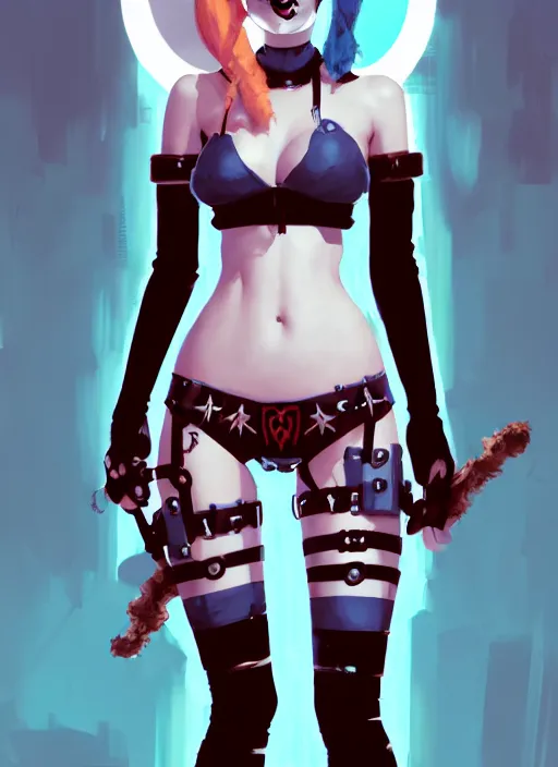 Image similar to portrait of cute goth harley quinn in cyber bikini armor, warhammer, cyberpunk, by atey ghailan, by greg rutkowski, by greg tocchini, by james gilleard, by joe fenton, by kaethe butcher, by gustav klimt, dynamic lighting, gradient light blue, brown, blonde cream and white color in scheme, grunge aesthetic