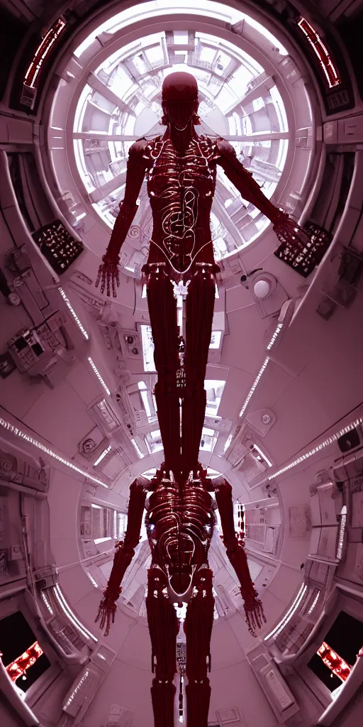 Prompt: high detailed space station interior a statue jesus on cross made of red marble, perfect symmetrical body, full body shot, inflateble shapes, wires, tubes, veins, jellyfish, white biomechanical details, wearing epic bionic cyborg implants, masterpiece, intricate, biopunk, vogue, highly detailed, artstation, concept art, cyberpunk, octane render