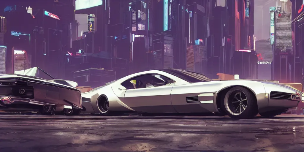 Image similar to art style by Ben Aronson and Edward Hopper and Syd Mead, wide shot view of the Cyberpunk 2077, on ground level. full view of a silver car designed by Henrik Fisker, Bruce Kaiserm and Jon Sibal.