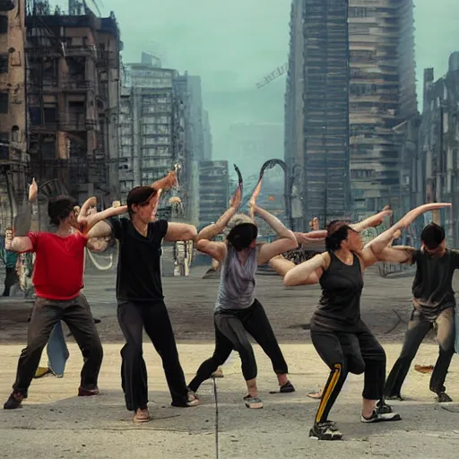 Prompt: realistic picture, post apocalyptic city on fire in the background, group of people practicing tai chi in the foreground