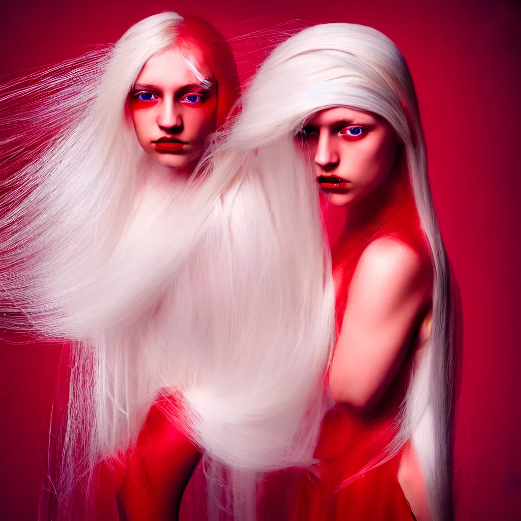 Image similar to a young woman with long blond hair dressed in long white, fine art photography light painting in style of Paolo Roversi, professional studio lighting, dark red background, hyper realistic photography, fashion magazine style