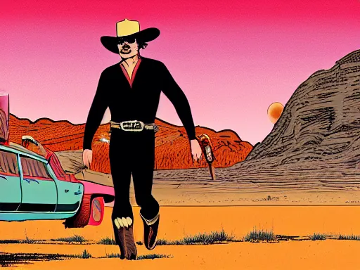 Image similar to a detailed illustration photorealistic of the Lone Ranger in the wild west town. flat colors, limited palette in FANTASTIC PLANET La planète sauvage animation by René Laloux