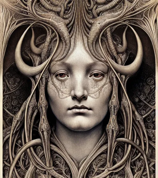 Image similar to detailed realistic beautiful horned goddess face portrait by jean delville, gustave dore, iris van herpen and marco mazzoni, art forms of nature by ernst haeckel, art nouveau, symbolist, visionary, gothic, neo - gothic, pre - raphaelite, fractal lace, intricate alien botanicals, biodiversity, surreality, hyperdetailed ultrasharp octane render