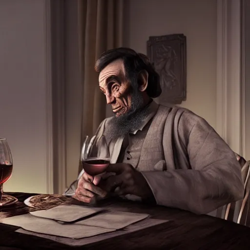 Prompt: abraham lincoln, gandalf, drinking wine, stunning, surrounding cinematic light, hyper detailed, 4 k cinematic octane render