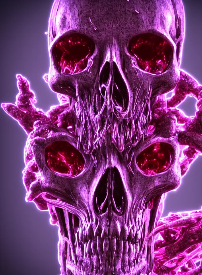 Prompt: techno-biological baphomet cyber punk skull, consisting of tumors, capillaries, veins, muscles, iron, machinery, bones, corrvolumesugated thin pipes, kidneys, wires. Biopunk, bodyhorror, extremely high detail, cinema 4d cinematic , glowing purple, vibrant red 8k