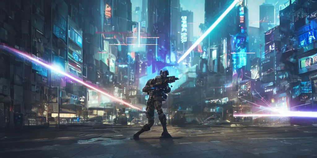 Image similar to cyber soldier shooting a laser gun in the middle of a warfare in a cyberpunk city, realism, 4 k, award winning photograph octane render, award winning photograph