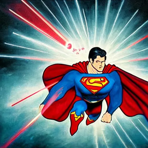 Image similar to highly detailed painting of superman firing lasers from his eyes into a crowd