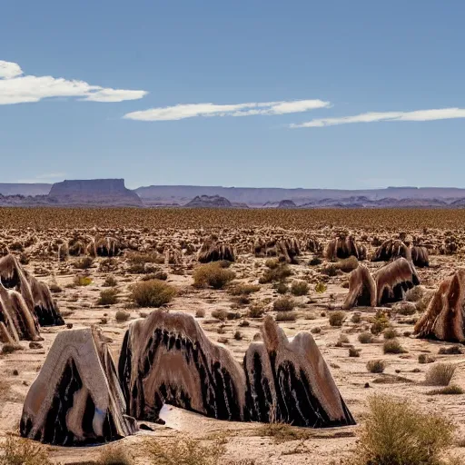 Image similar to a desolate arid landscape with pillars of banded agate reaching the sky