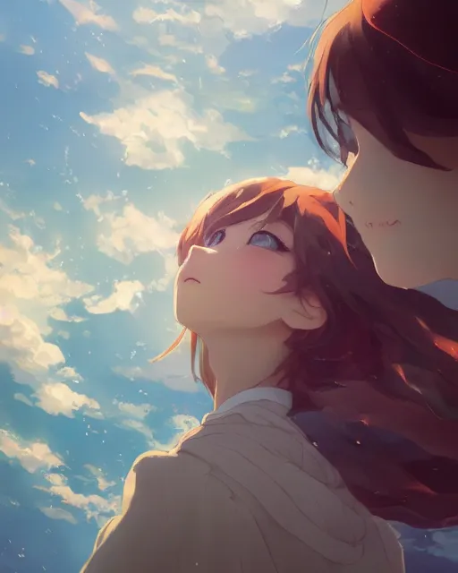 Image similar to a girl watching looking up at the clouds, full shot, atmospheric lighting, detailed face, by makoto shinkai, stanley artger m lau, wlop, rossdraws, james jean, andrei riabovitchev, marc simonetti, krenz c