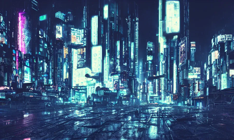 Prompt: photo of a cyberpunk city at night, long exposure photograph, 4k, grainy, film photography