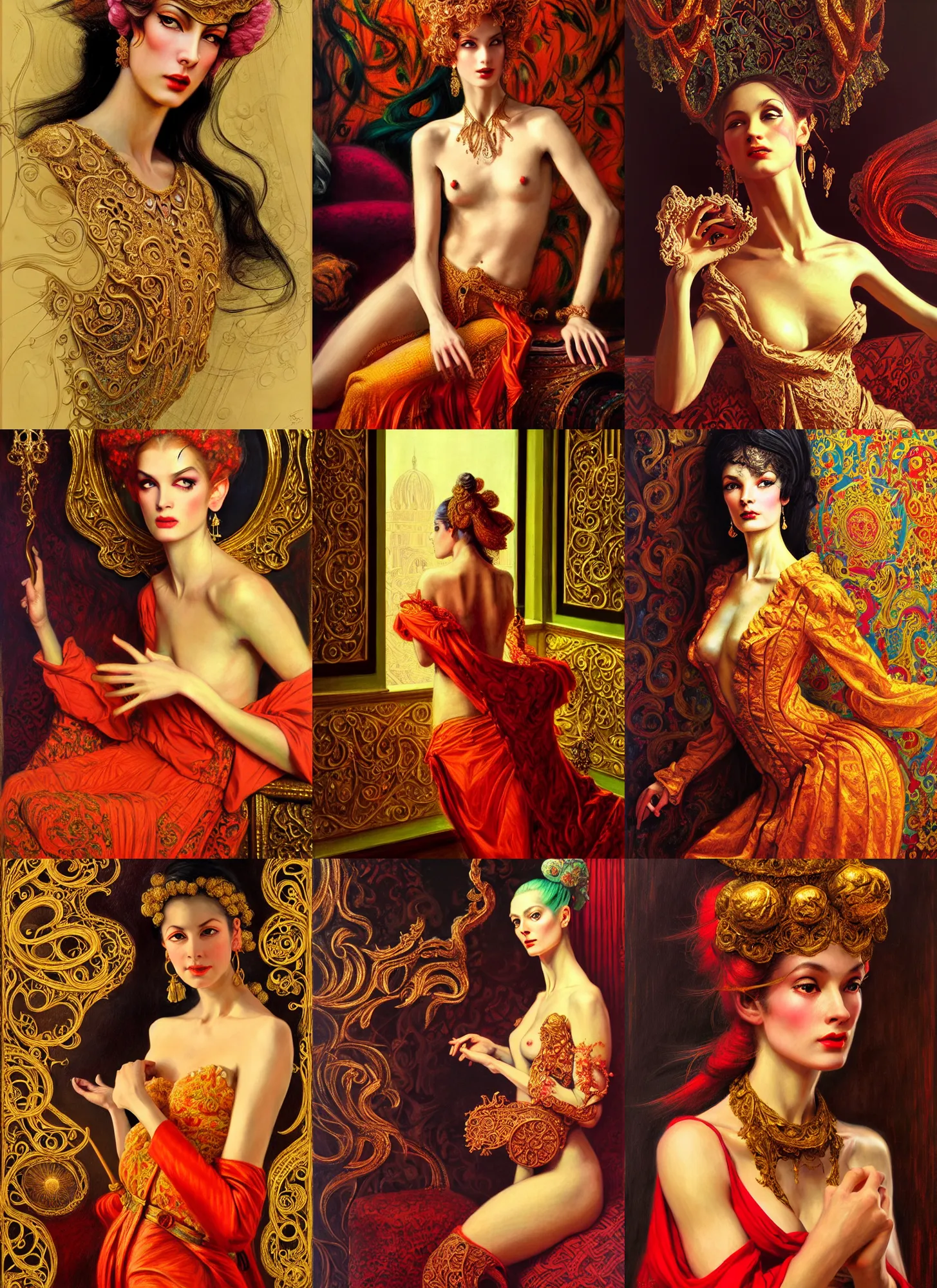 Prompt: Neo Rococo Expressionist, orientalism, diffuse lighting, fantasy, intricate, elegant, highly detailed, lifelike, photorealistic, digital painting, artstation, illustration, concept art, smooth, sharp focus, The Vibe of the 60s 1960s 1960, art by John Collier and Albert Aublet and Krenz Cushart and Artem Demura and Alphonse Mucha