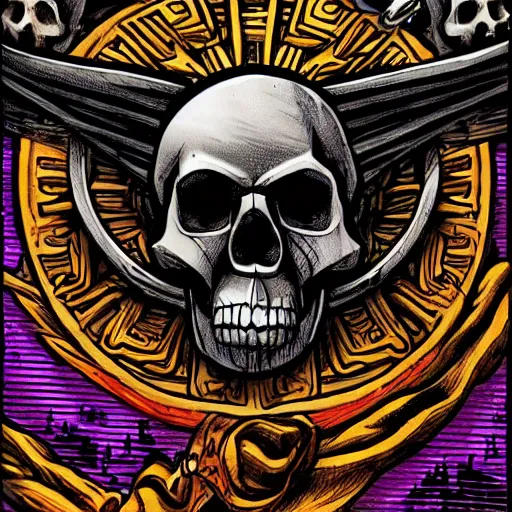 Prompt: precisely drawn illustration of tavern sign featuring skull, wide angle, sharp, fine details, french comic style, vibrant realistic colors, full color, heroic fantasy, intense line art, 8 k, precise linework, realistic, in the style of heavy metal comics and richard corben and moebius
