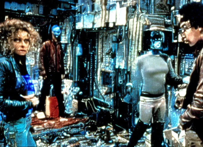 Prompt: scene from the blockbuster 1 9 8 5 science fiction film neuromancer