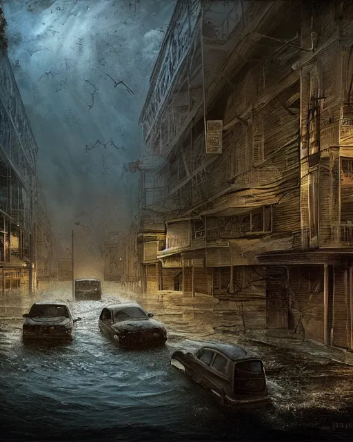 Image similar to concept illustration from the'0 0 s supernatural thriller'old as the water ', a high quality high detail digital matte painting by david mattingly and samuel araya and tony diterlizzi and michael whelan, hd 4 k 8 k, realistic hyperdetailed scene painting, photorealistic lighting, urban horror aesthetic, composition and scene layout inspired by gregory crewdson and brendon burton.