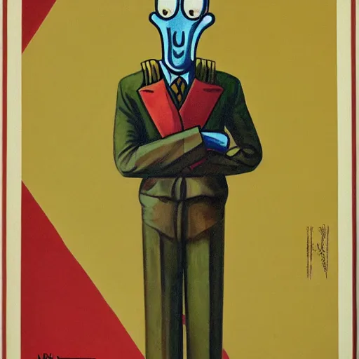 Image similar to handsome squidward portrait, soviet propaganda art, vivid