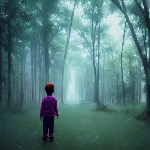 Prompt: a little boy lost in the magic woods, by elsa bleda, by ben enwonwu, by yanjun cheng, wide angle