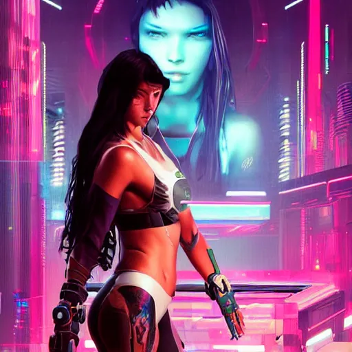 Image similar to an athletic humanoid girl, cyberpunk 2070, synthwave, highly detailed, full shot, digital painting, cgsociety, concept art, sharp focus, illustration, art by artgerm and greg rutkowski and alphonse mucha