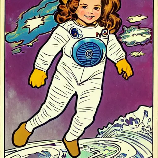 Image similar to a cute little girl with a mischievous face and short brown wavy curly hair. she is dressed as an astronaut. well composed, clean elegant painting, beautiful detailed face. comic book art by steve ditko and jack kirby and ( alphonse mucha )