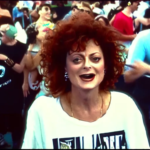 Image similar to 1 9 9 0 s video still of susan sarandon, wearing hip hop urban clothing, rapping on stage at a small outdoor concert, vhs artifacts