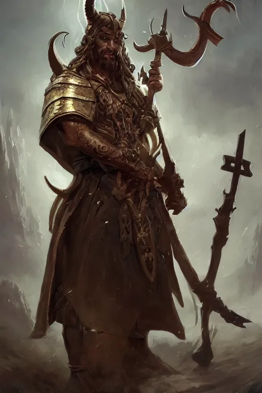 Prompt: ! dream full body picture of a priest with long horns, battle, detailed face features, alone, d & d, by artgerm and craig mullins james jean andrey ryabovichev mark simonetti peter morbacher, matte painting, trending on artstation, artstationhd, octane, full hd, 8 k, award winning