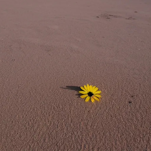 Prompt: a single small pretty flower blooms in the middle of a bleak arid empty desert, sand dunes